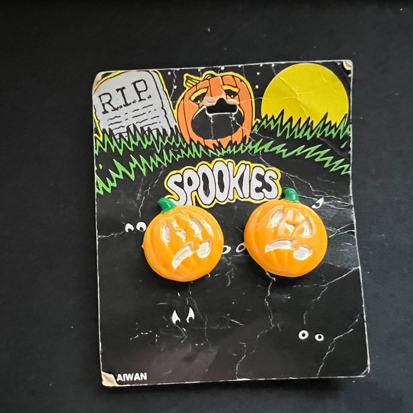 Vintage Halloween Spookies Taiwan Pumpkin Jack O Lantern Clip On Earrings - Picture 1 of 3